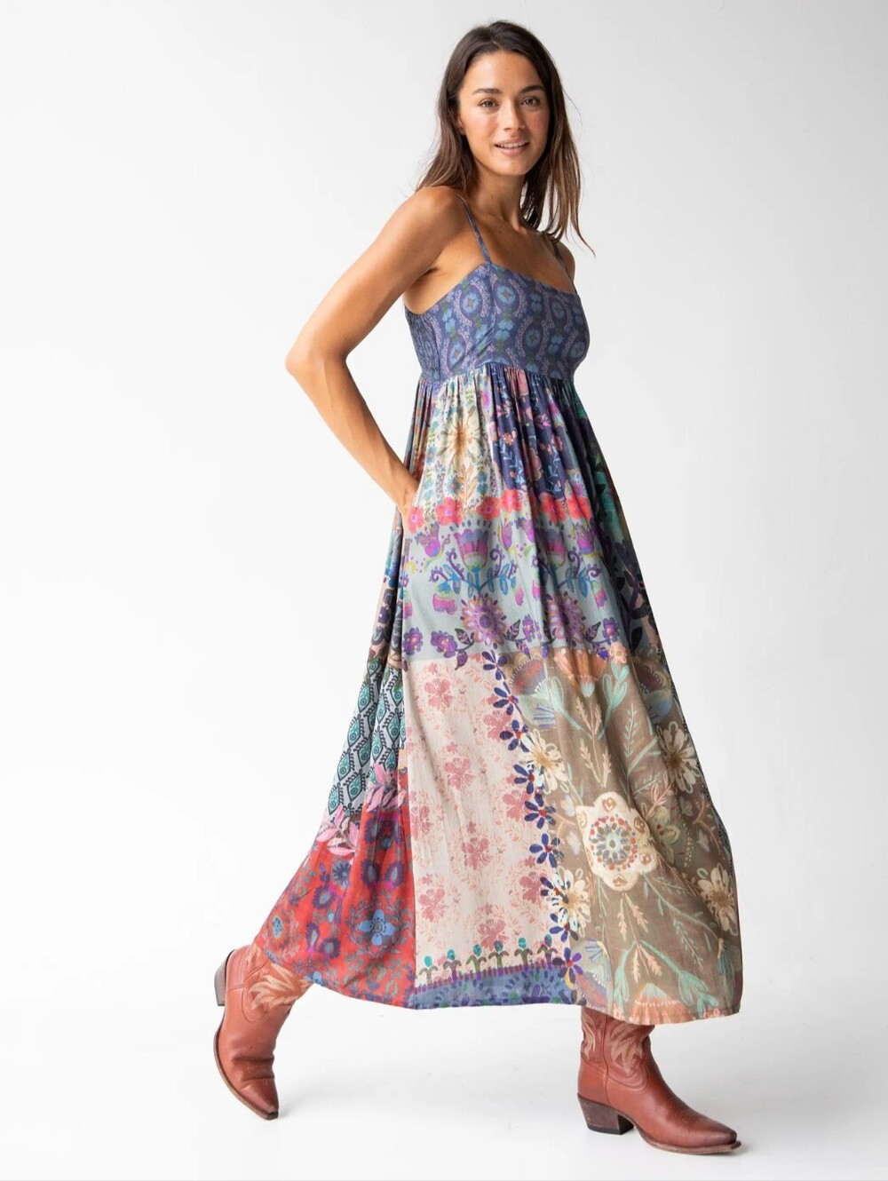 NATURAL LIFE Patchwork Floral Boho Maxi Dress in Blue & Multicolor